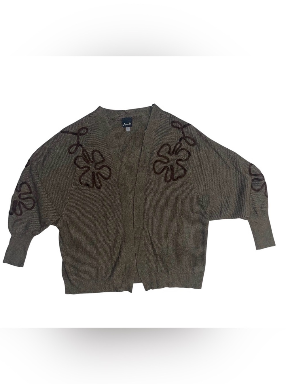 Aaeda Olive Green Floral Appliqué Open Cardigan Sweater